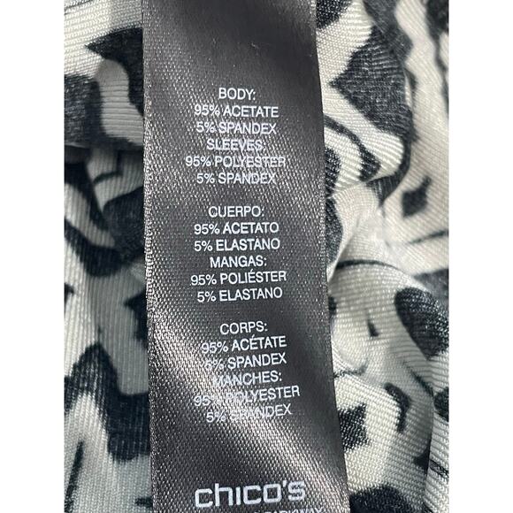 Chico’s Travelers Blouse Size 2 Large Black White Liquid Knit Sheer Sleeves - Picture 7 of 7